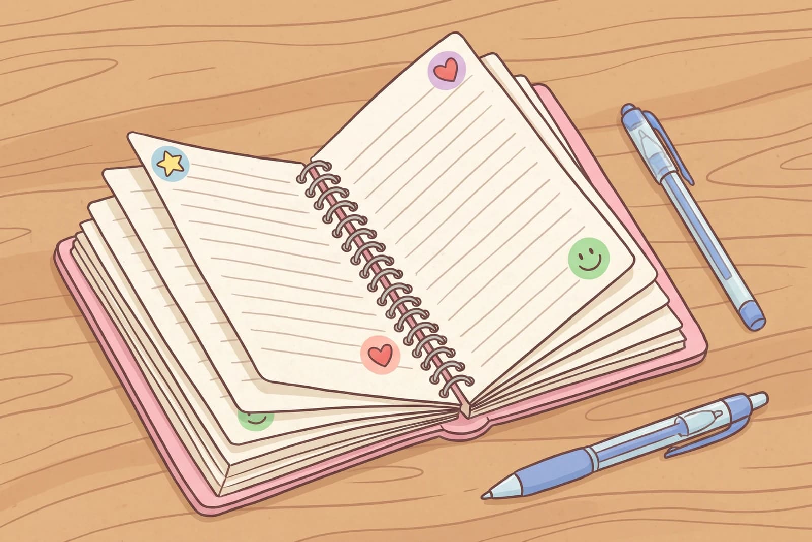 Ein aufgeschlagenes Freundebuch mit Stickern und Stift